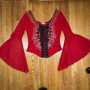 Red mesh bell sleeve corset top